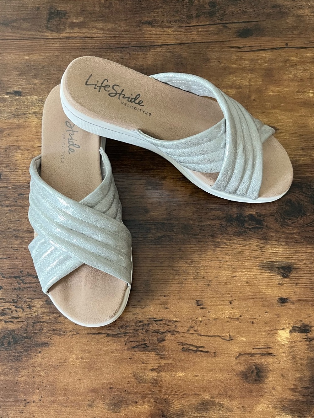 Life Stride Metallic Silver Crossband Slide Sandals